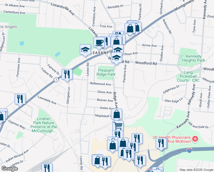 map of restaurants, bars, coffee shops, grocery stores, and more near 3150 Bellewood Avenue in Cincinnati