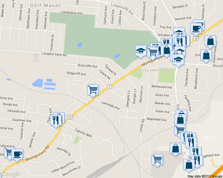 map of restaurants, bars, coffee shops, grocery stores, and more near 5745 Montgomery Road in Cincinnati