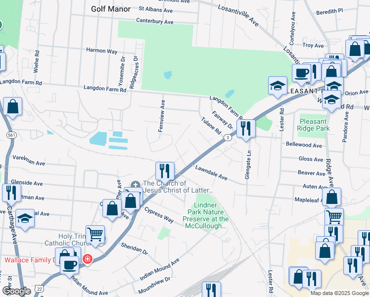 map of restaurants, bars, coffee shops, grocery stores, and more near 2708 Oakleaf Avenue in Cincinnati