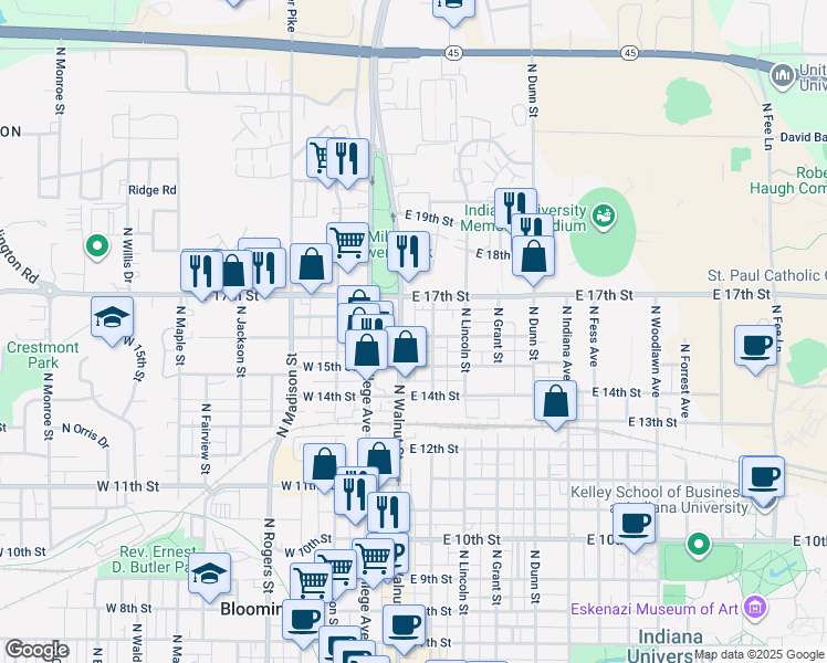 map of restaurants, bars, coffee shops, grocery stores, and more near 1301 North Walnut Street in Bloomington