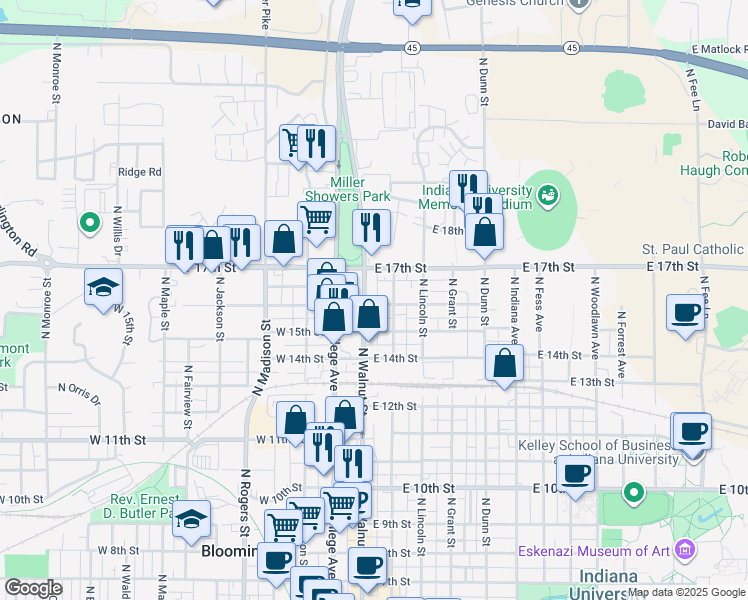 map of restaurants, bars, coffee shops, grocery stores, and more near 1301 North Walnut Street in Bloomington