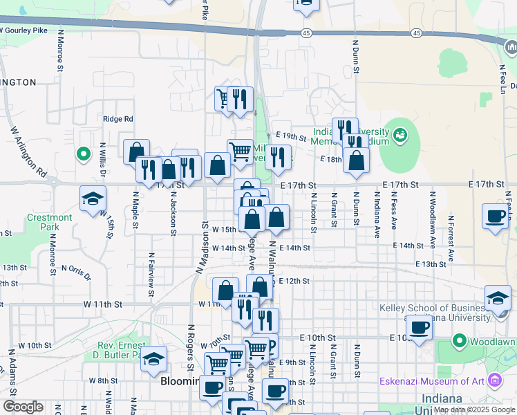 map of restaurants, bars, coffee shops, grocery stores, and more near in Bloomington