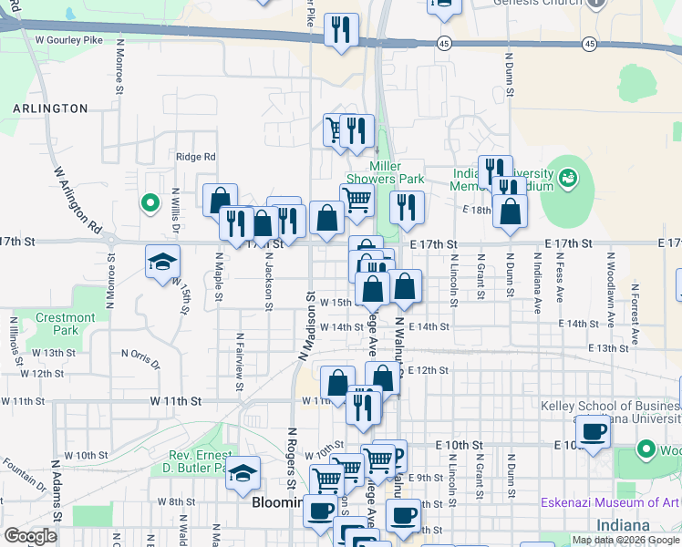 map of restaurants, bars, coffee shops, grocery stores, and more near 314 West Kenwood Drive in Bloomington