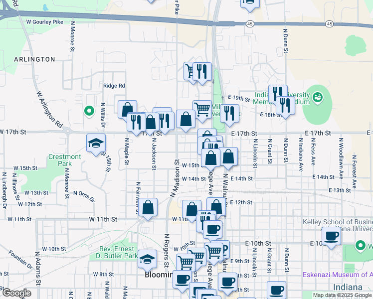 map of restaurants, bars, coffee shops, grocery stores, and more near 314 West Kenwood Drive in Bloomington