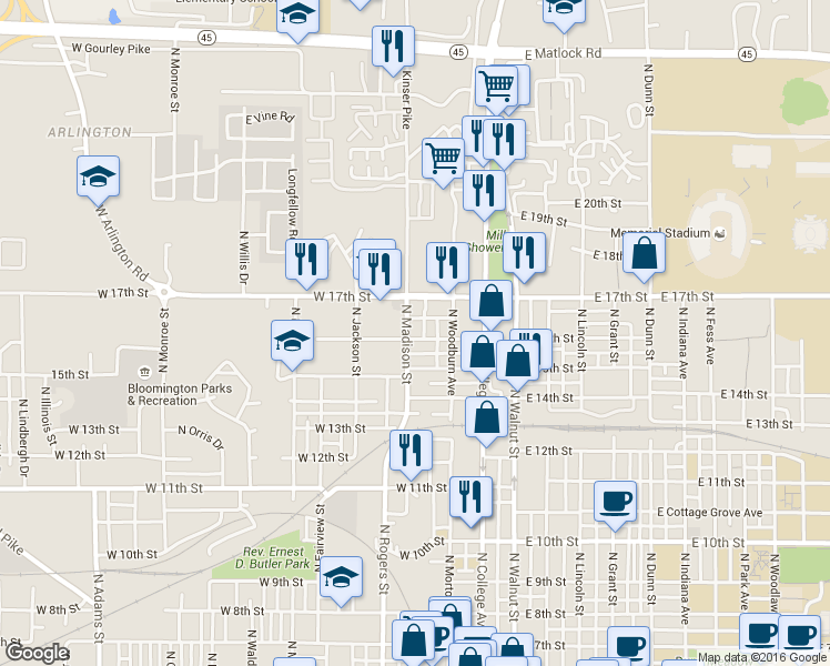 map of restaurants, bars, coffee shops, grocery stores, and more near 1221 North Madison Street in Bloomington