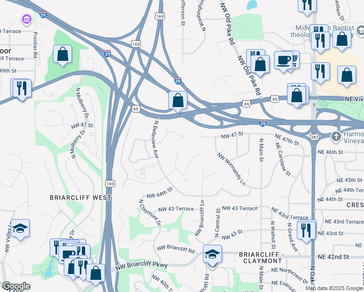map of restaurants, bars, coffee shops, grocery stores, and more near 609 White Oak Lane in Kansas City