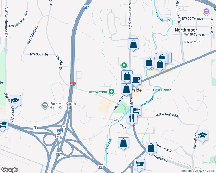 map of restaurants, bars, coffee shops, grocery stores, and more near 4520 Northwest Greystone Court in Riverside