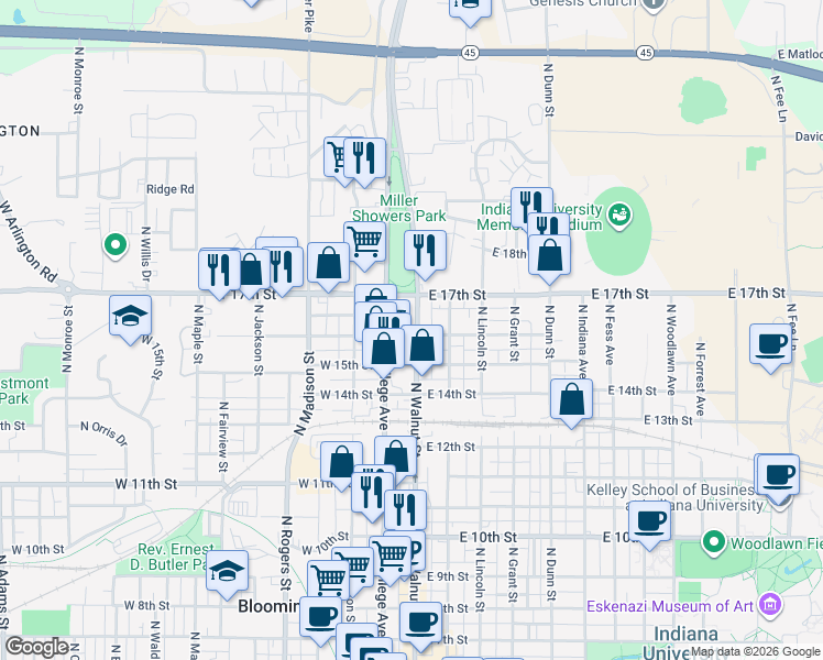map of restaurants, bars, coffee shops, grocery stores, and more near 1205 North Walnut Street in Bloomington