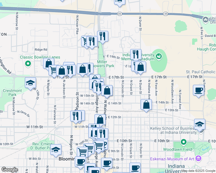 map of restaurants, bars, coffee shops, grocery stores, and more near 1301 North Walnut Street in Bloomington