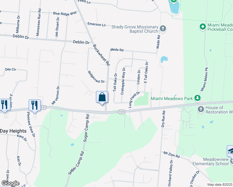 map of restaurants, bars, coffee shops, grocery stores, and more near 5713 Crab Apple Way in Day Heights