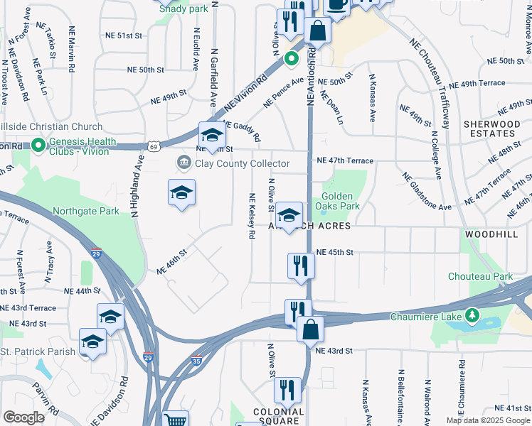 map of restaurants, bars, coffee shops, grocery stores, and more near 2400 Northeast 46th Terrace in Kansas City