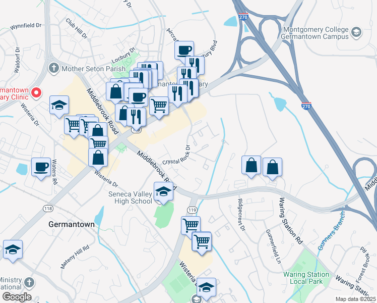 map of restaurants, bars, coffee shops, grocery stores, and more near 19740 Crystal Rock Drive in Germantown