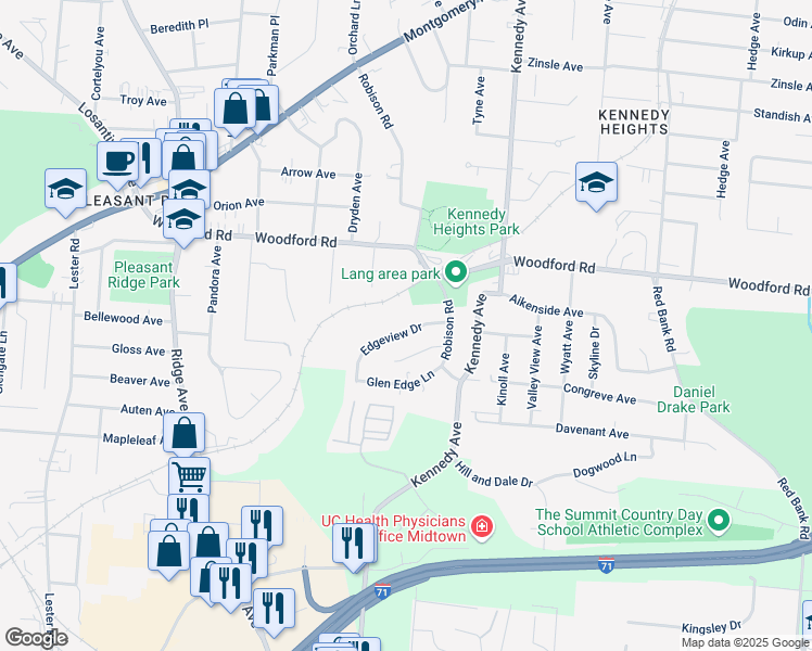 map of restaurants, bars, coffee shops, grocery stores, and more near 3544 Edgeview Drive in Cincinnati