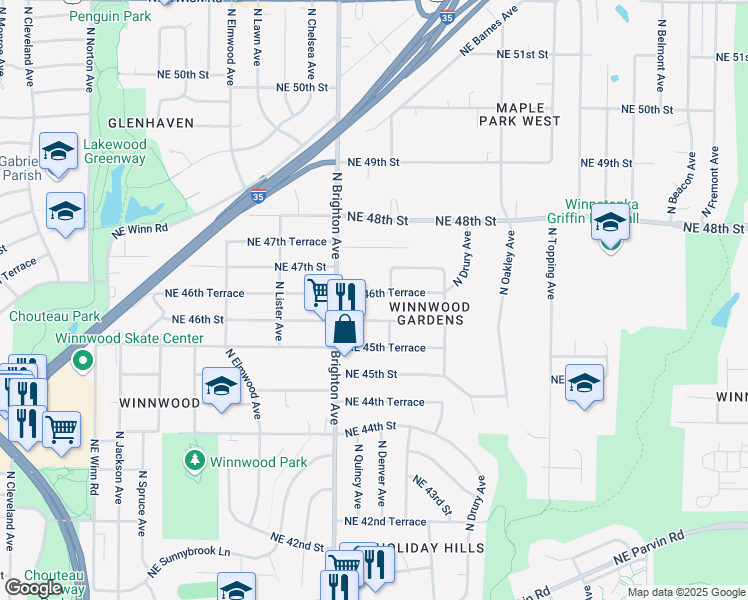 map of restaurants, bars, coffee shops, grocery stores, and more near 5111 Northeast 46th Terrace in Kansas City