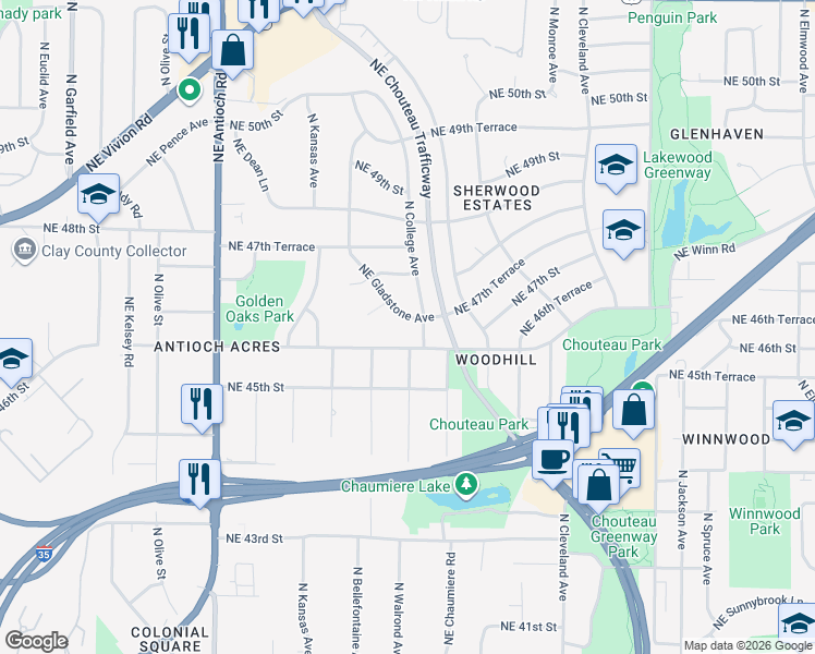 map of restaurants, bars, coffee shops, grocery stores, and more near 4636 Northeast Gladstone Avenue in Kansas City