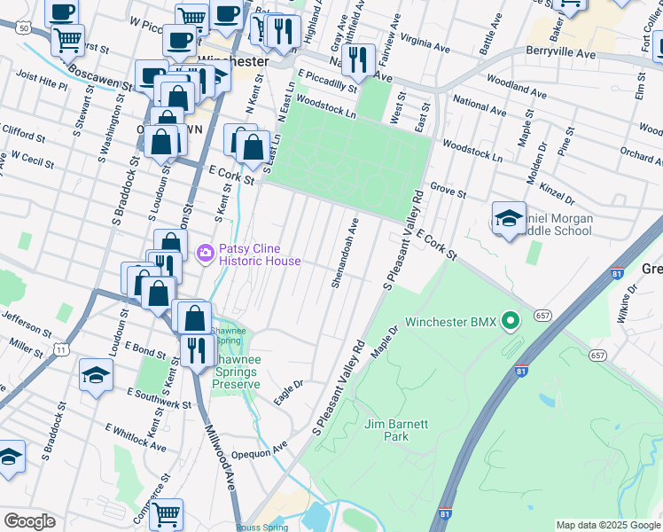 map of restaurants, bars, coffee shops, grocery stores, and more near 516 East Leicester Street in Winchester