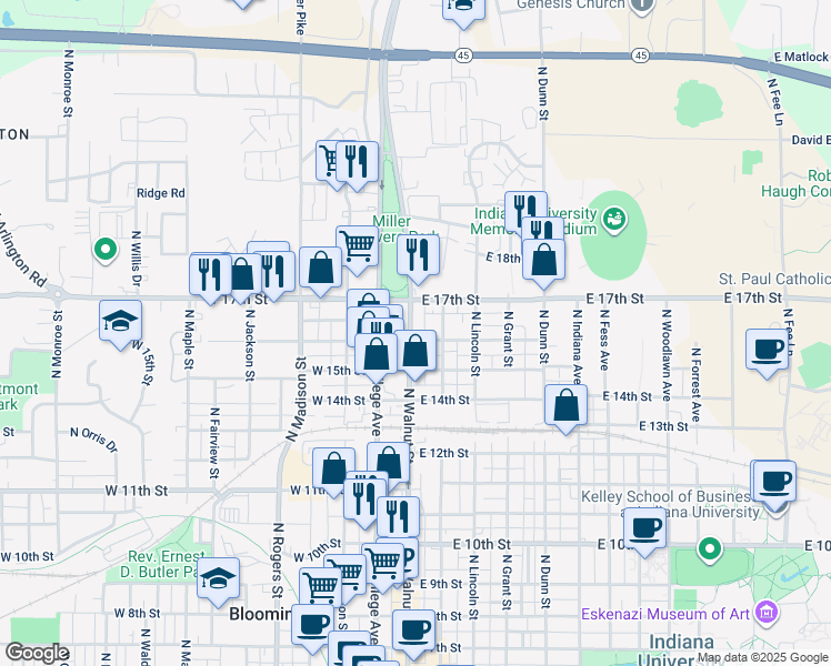 map of restaurants, bars, coffee shops, grocery stores, and more near 1301 North Walnut Street in Bloomington