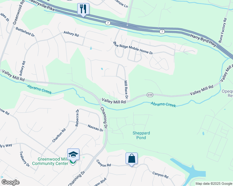 map of restaurants, bars, coffee shops, grocery stores, and more near 107 Mill Stone Cir in Winchester