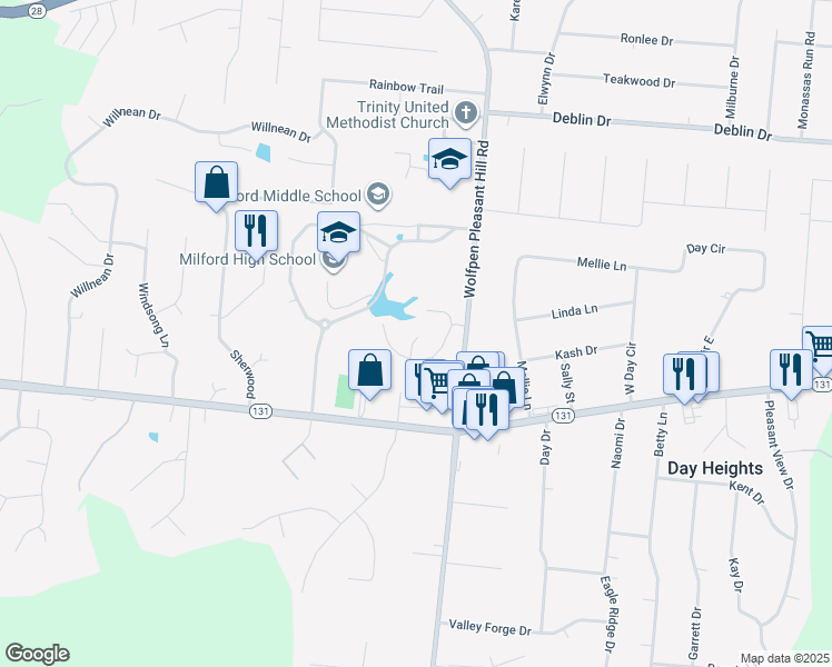 map of restaurants, bars, coffee shops, grocery stores, and more near 5398 North Timber Creek Drive in Milford