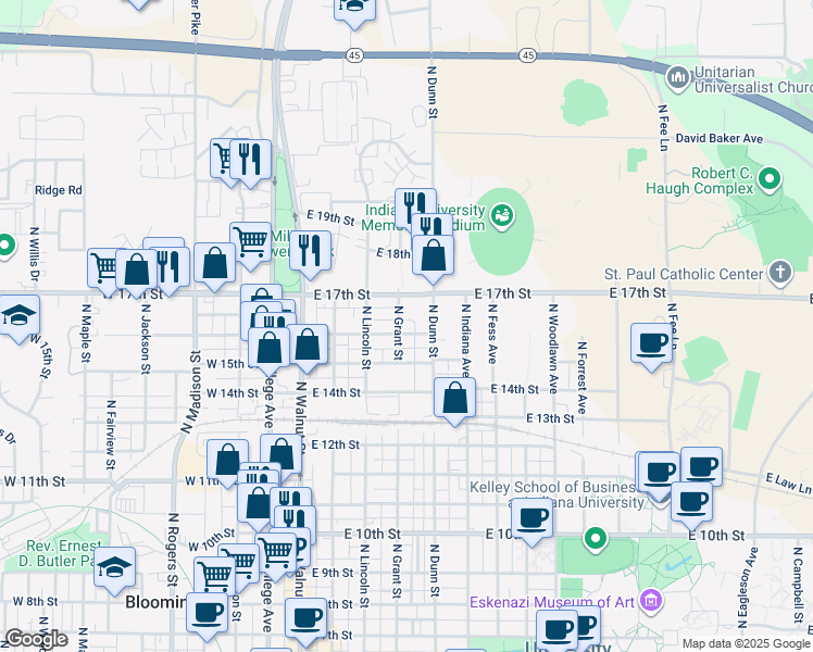 map of restaurants, bars, coffee shops, grocery stores, and more near in Bloomington