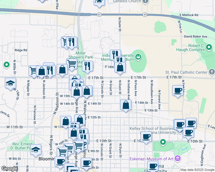 map of restaurants, bars, coffee shops, grocery stores, and more near 221 East 16th Street in Bloomington