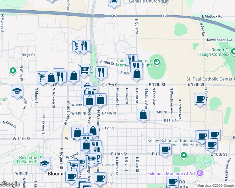 map of restaurants, bars, coffee shops, grocery stores, and more near 221 East 16th Street in Bloomington