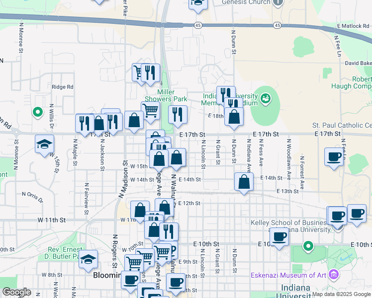 map of restaurants, bars, coffee shops, grocery stores, and more near 1214 North Washington Street in Bloomington