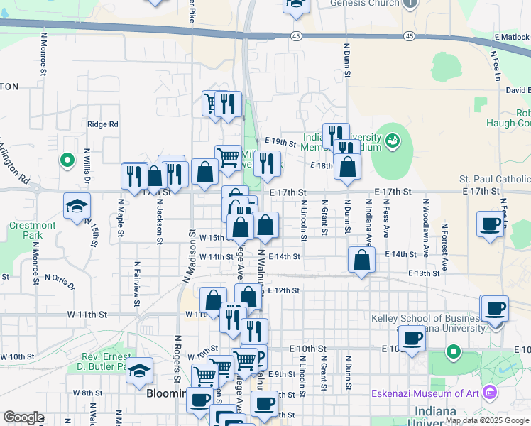 map of restaurants, bars, coffee shops, grocery stores, and more near 1301 North Walnut Street in Bloomington