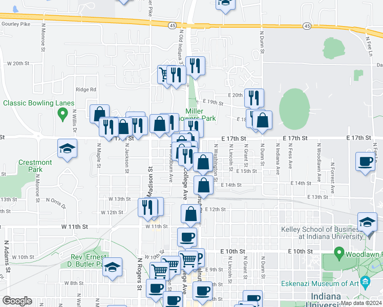 map of restaurants, bars, coffee shops, grocery stores, and more near in Bloomington