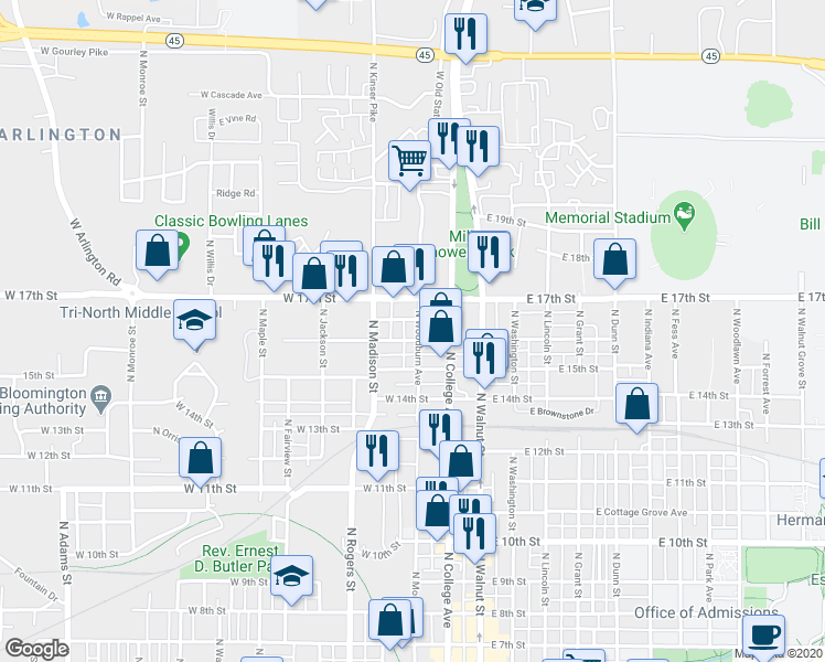 map of restaurants, bars, coffee shops, grocery stores, and more near 314 West Kenwood Drive in Bloomington