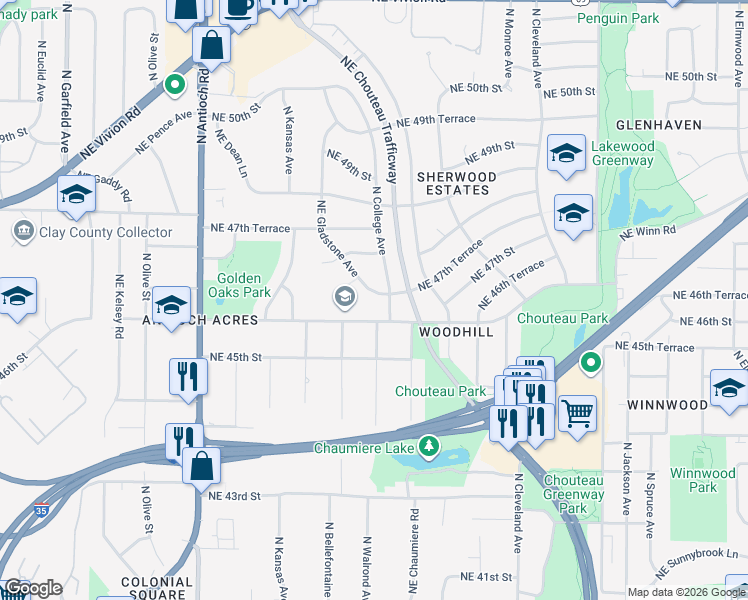 map of restaurants, bars, coffee shops, grocery stores, and more near 4636 Northeast Gladstone Avenue in Kansas City