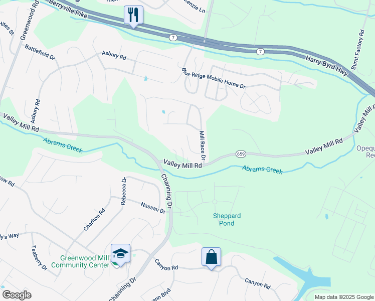 map of restaurants, bars, coffee shops, grocery stores, and more near 107 Mill Stone Cir in Winchester