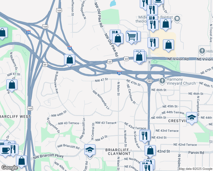 map of restaurants, bars, coffee shops, grocery stores, and more near 4618 Northwest Baltimore Drive in Kansas City