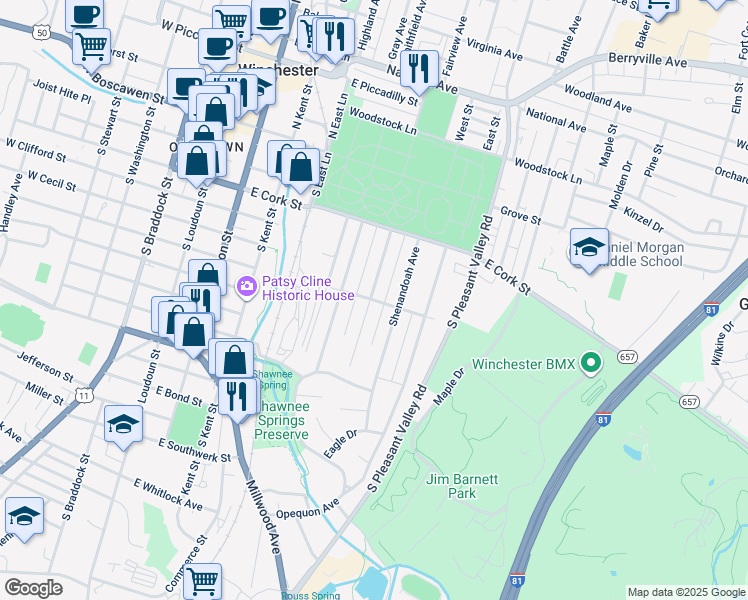 map of restaurants, bars, coffee shops, grocery stores, and more near 502 East Leicester Street in Winchester