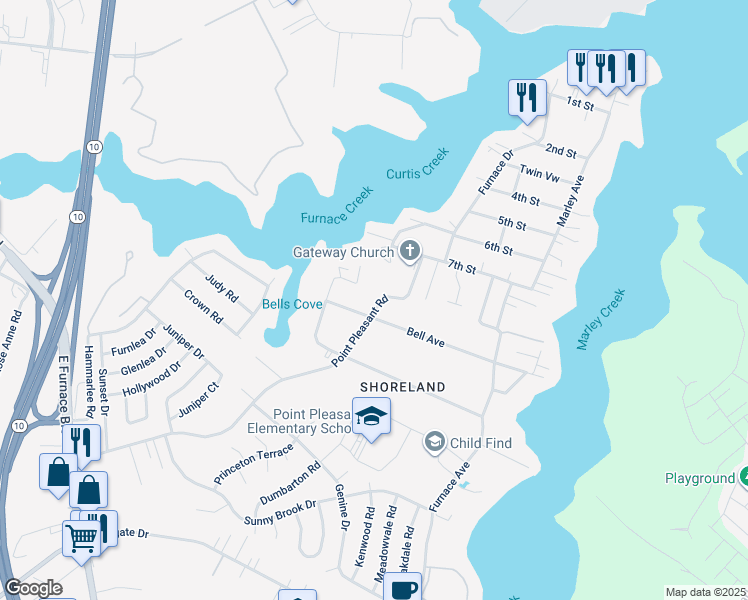 map of restaurants, bars, coffee shops, grocery stores, and more near 972 Point Pleasant Road in Glen Burnie