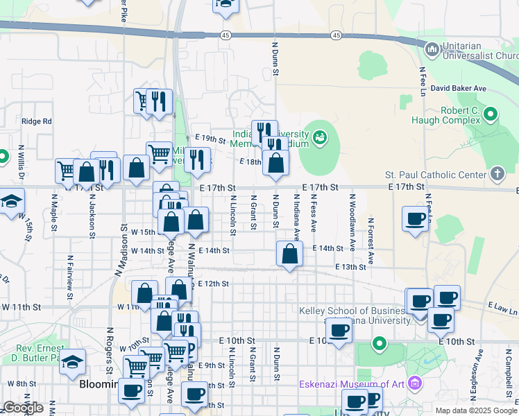 map of restaurants, bars, coffee shops, grocery stores, and more near 416 East 17th Street in Bloomington