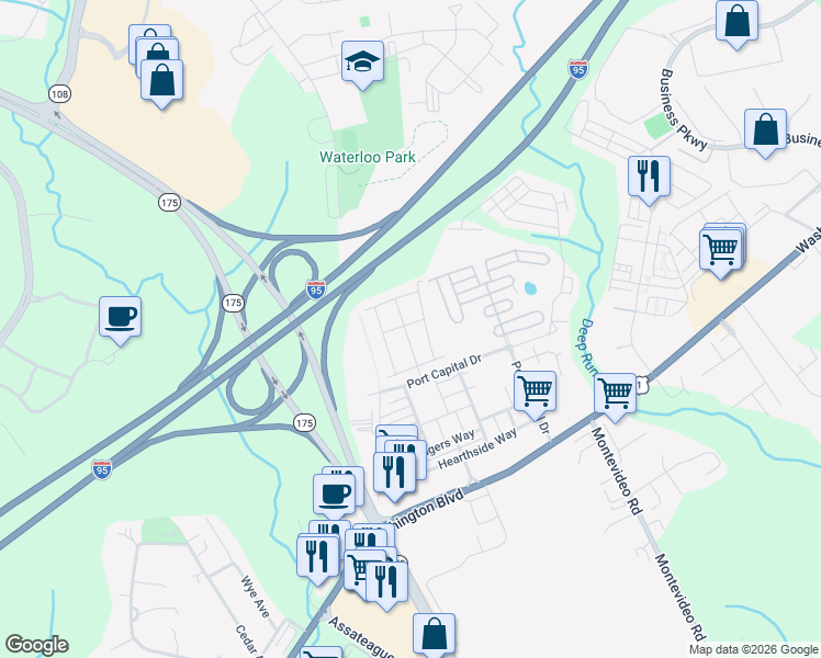 map of restaurants, bars, coffee shops, grocery stores, and more near 7117 Fox Harbor Way in Elkridge