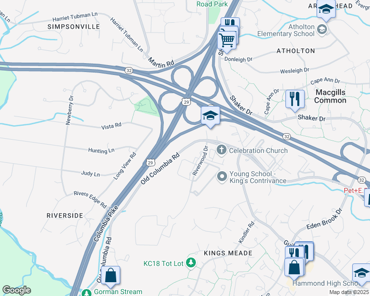 map of restaurants, bars, coffee shops, grocery stores, and more near 10400 Old Columbia Road in Columbia
