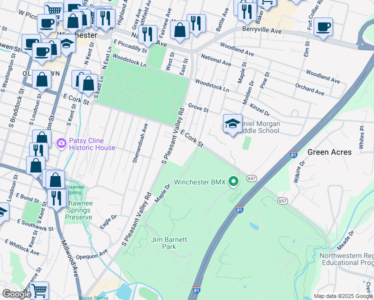 map of restaurants, bars, coffee shops, grocery stores, and more near 212 South Euclid Avenue in Winchester