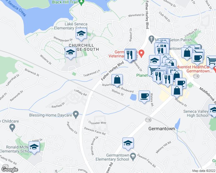 map of restaurants, bars, coffee shops, grocery stores, and more near 13570 Waterford Hills Boulevard in Germantown