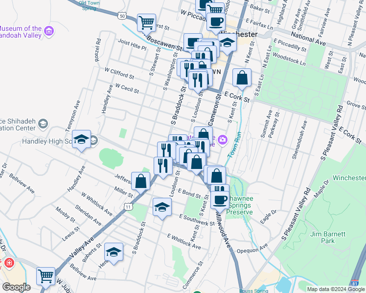 map of restaurants, bars, coffee shops, grocery stores, and more near 707 South Loudoun Street in Winchester