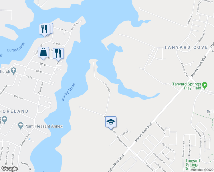 map of restaurants, bars, coffee shops, grocery stores, and more near Bowman Road in Glen Burnie
