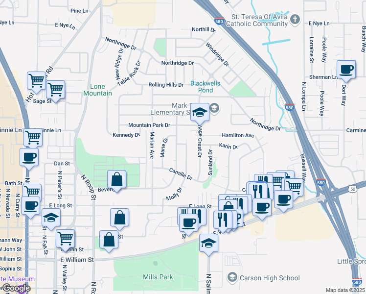 map of restaurants, bars, coffee shops, grocery stores, and more near 1405 Karin Drive in Carson City