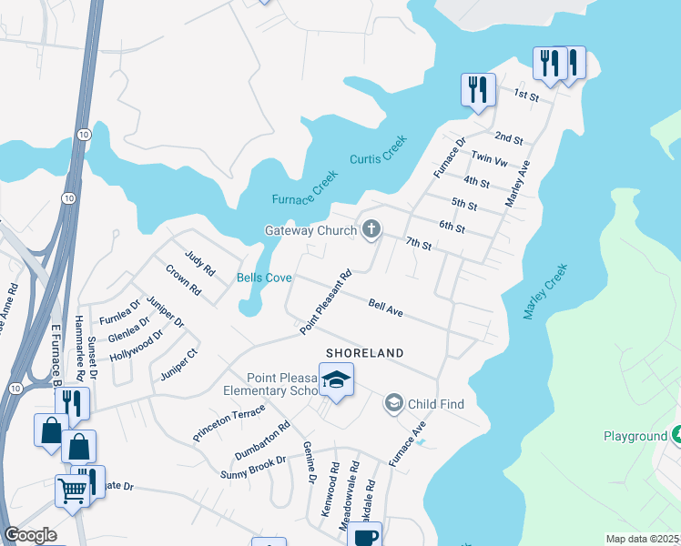 map of restaurants, bars, coffee shops, grocery stores, and more near 972 Point Pleasant Road in Glen Burnie