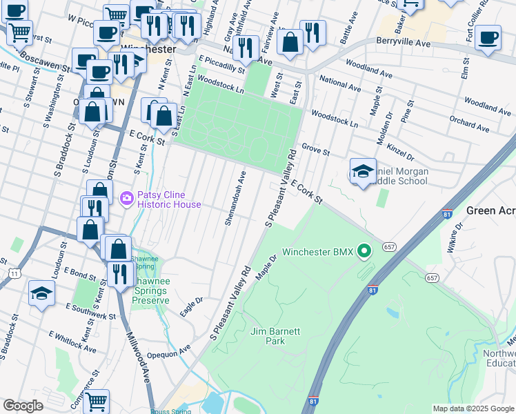 map of restaurants, bars, coffee shops, grocery stores, and more near 248 Opequon Avenue in Winchester