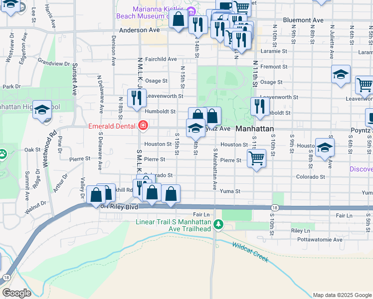 map of restaurants, bars, coffee shops, grocery stores, and more near 1401 Houston Street in Manhattan