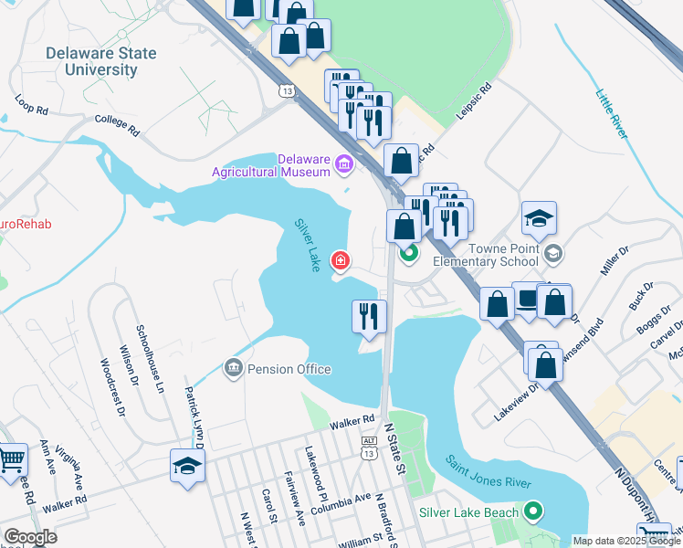 map of restaurants, bars, coffee shops, grocery stores, and more near 42 Hiawatha Lane in Dover