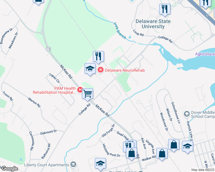 map of restaurants, bars, coffee shops, grocery stores, and more near College Road in Dover