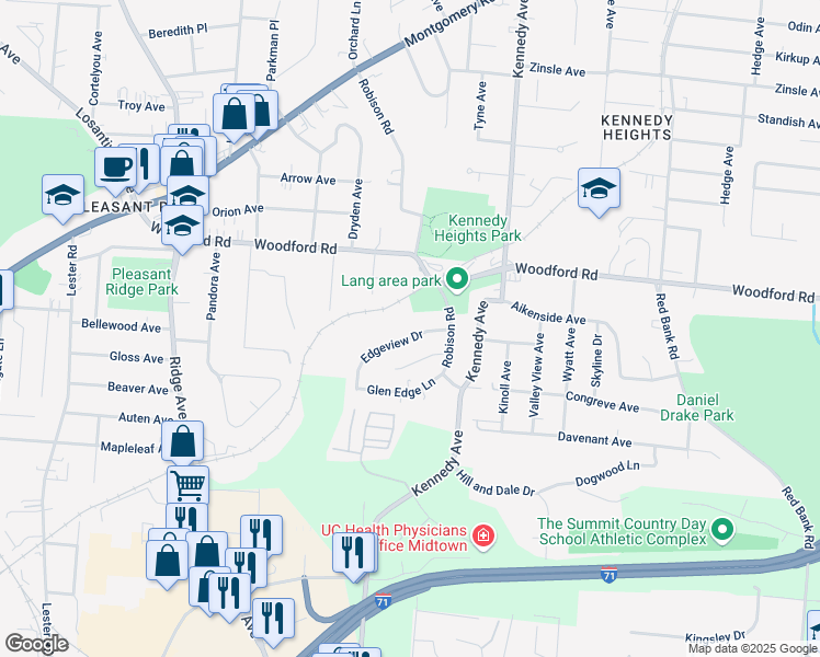 map of restaurants, bars, coffee shops, grocery stores, and more near 3544 Edgeview Drive in Cincinnati