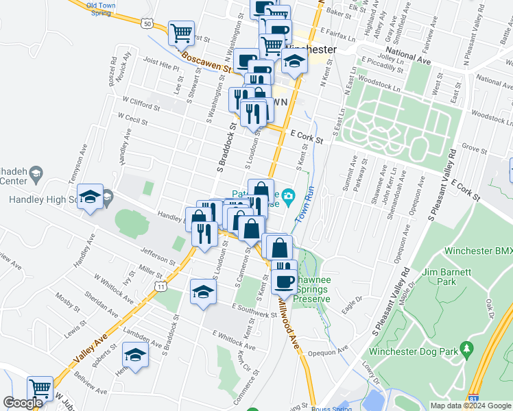 map of restaurants, bars, coffee shops, grocery stores, and more near 619 South Cameron Street in Winchester